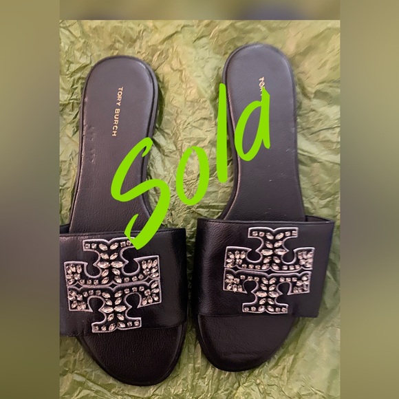 Tory Burch Shoes - Tory Burch NWOB SIZE 9M Everly Embellished Slide Sandals Black Tumbled Leather